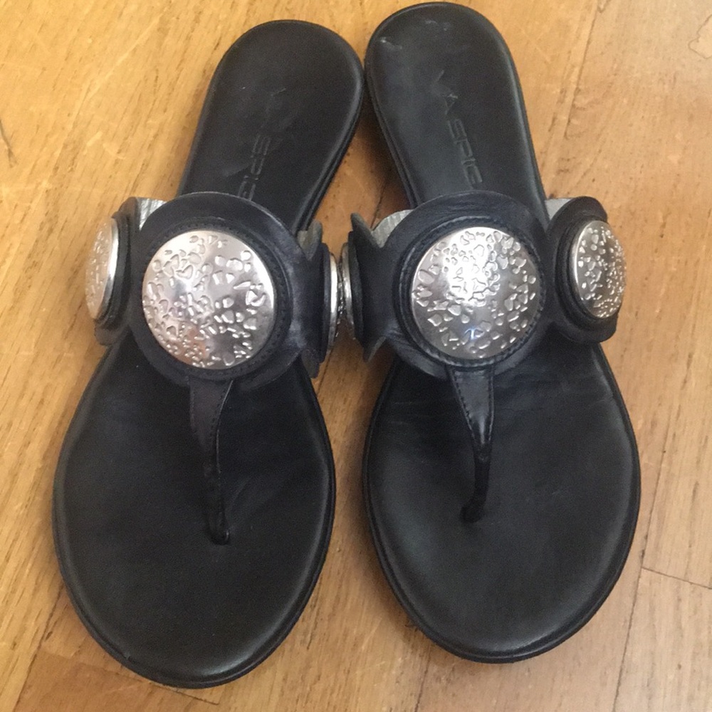Via Spiga black leather t strap sandals embellished with silver medallions 5.5